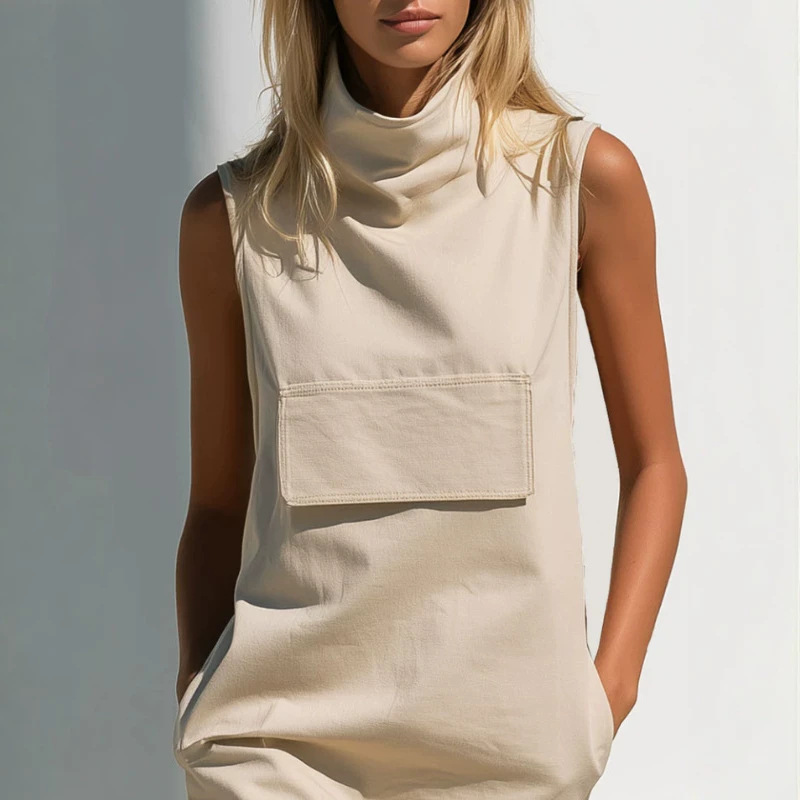 Beige High-Neck Sleeveless Cotton Mini Dress with Pockets