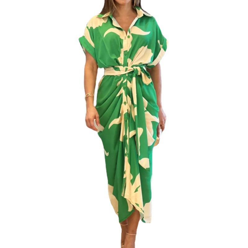 Floral Print Collared Short Sleeve High Waist Long Shirt Dress