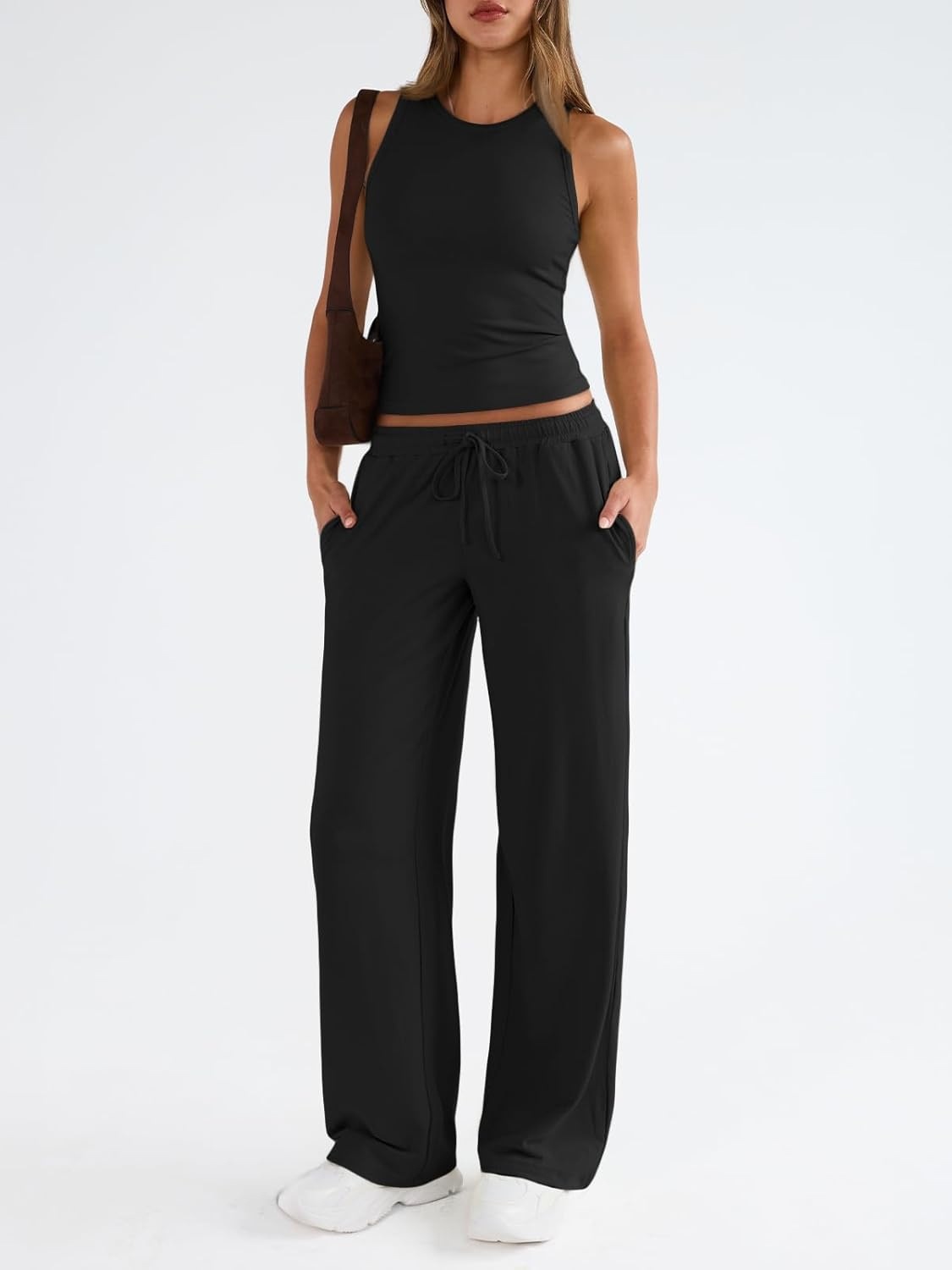 Solid Sleeveless Tank Top and High-Waist Wide-Leg Pants Set