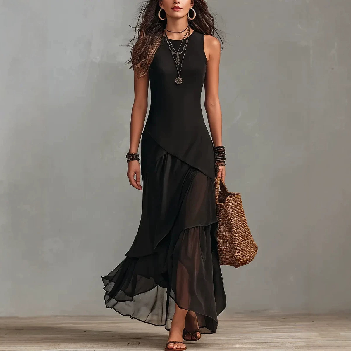 Black Sleeveless Round Neck Slim Fit Asymmetric Tiered Chiffon Ruffle Maxi Dress