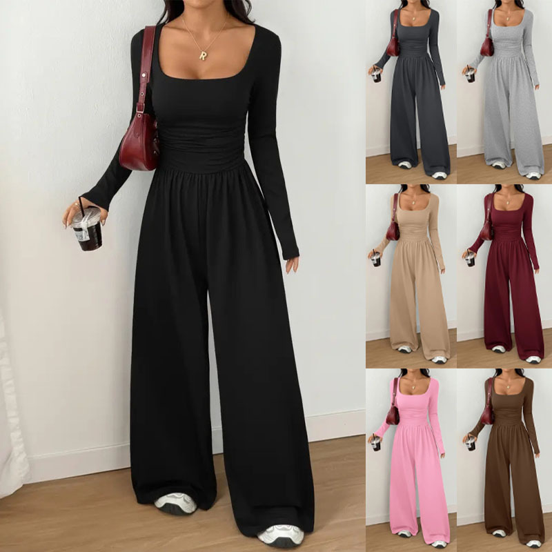 Women's Solid Color Long Sleeve Wide Leg Jumpsuit Casual Minimalist