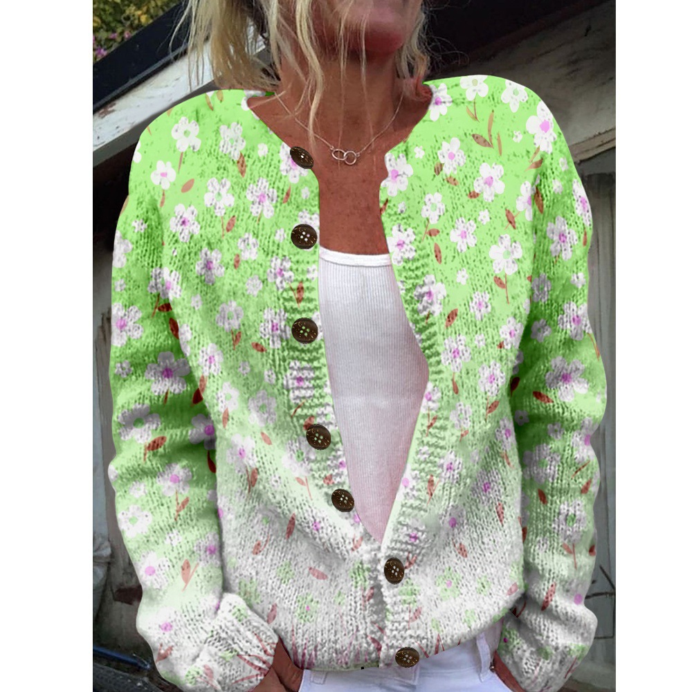 Women's Plaid Floral Print Button-Down Cardigan Sweater
