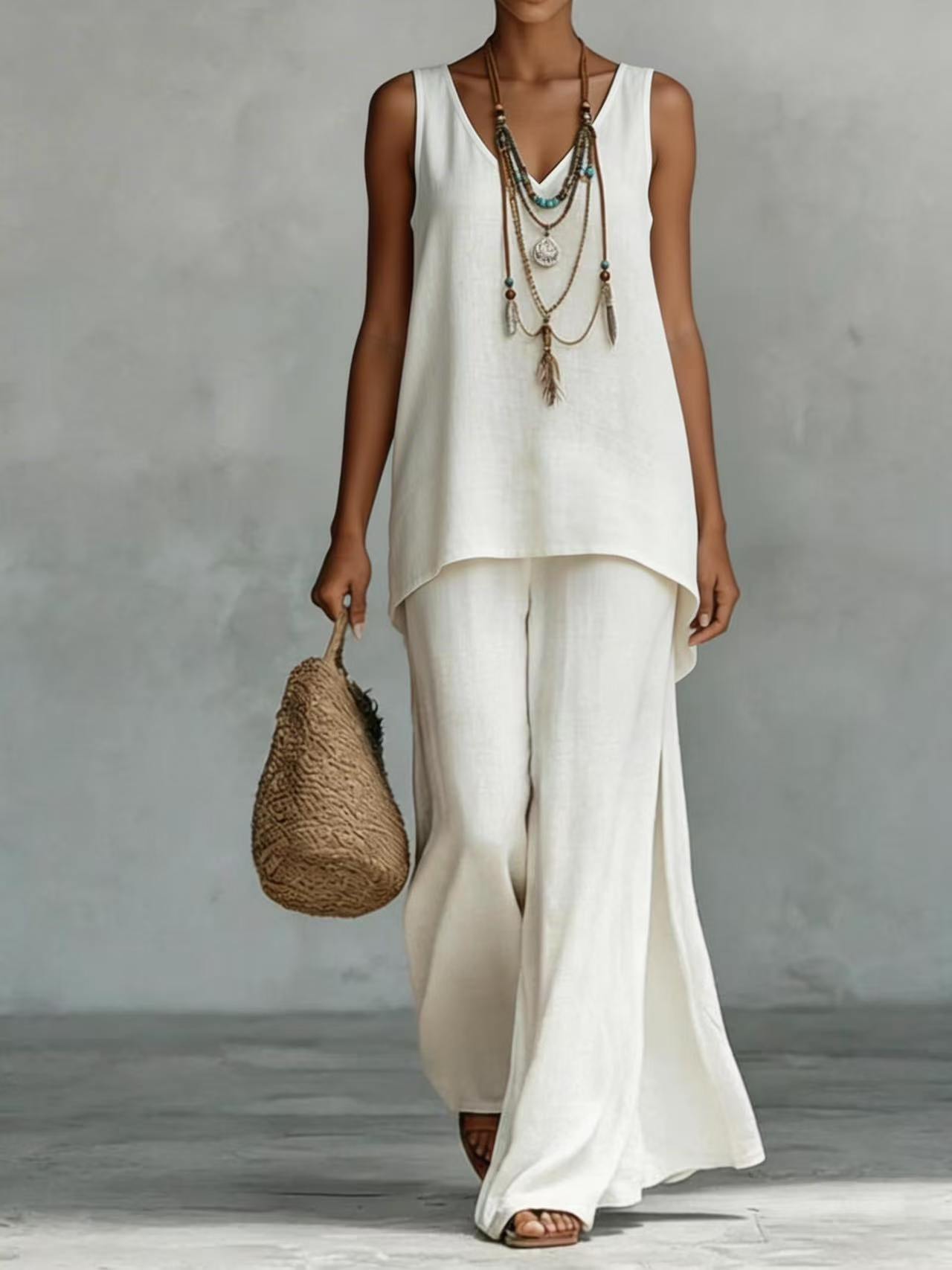 Women's Sleeveless V-Neck Top and Wide-Leg Pants Set Solid Color