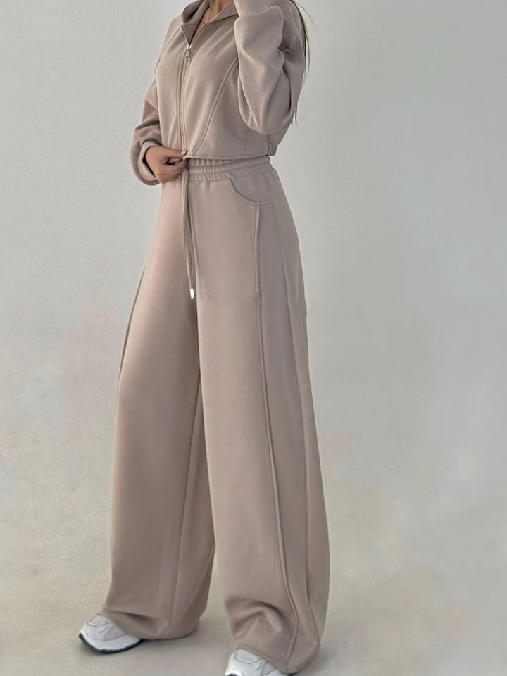 Women's Zip Hooded Track Jacket and Drawstring Pants Two-Piece Set