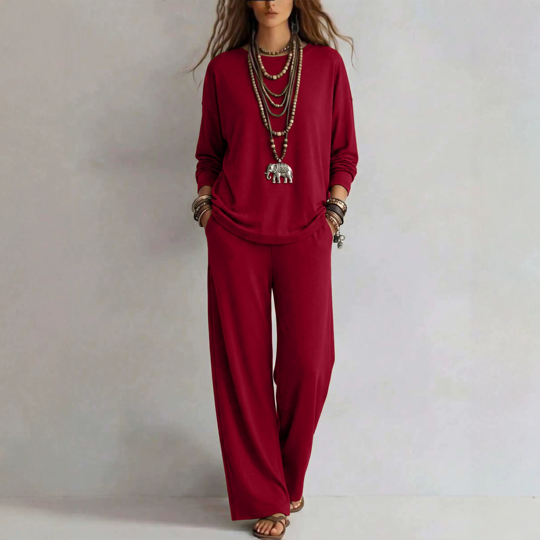 Women's Solid Color Two-Piece Set Long Sleeve Top & Wide-Leg Pants