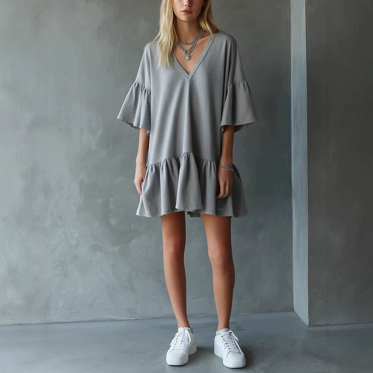 Women's Summer Ruffle V-Neck Solid Color Loose Short Dress