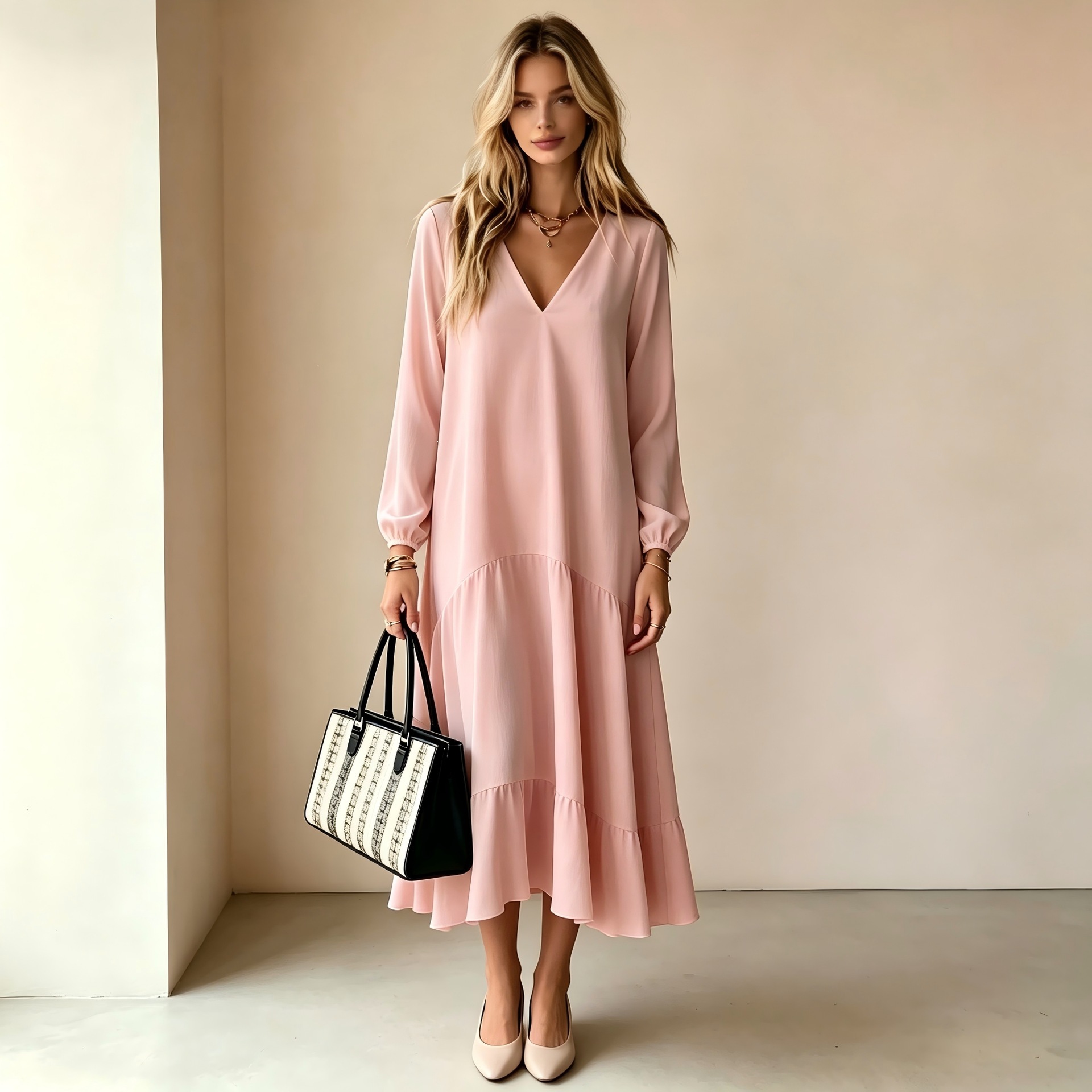 V-Neck Long Sleeve Loose Long Dress