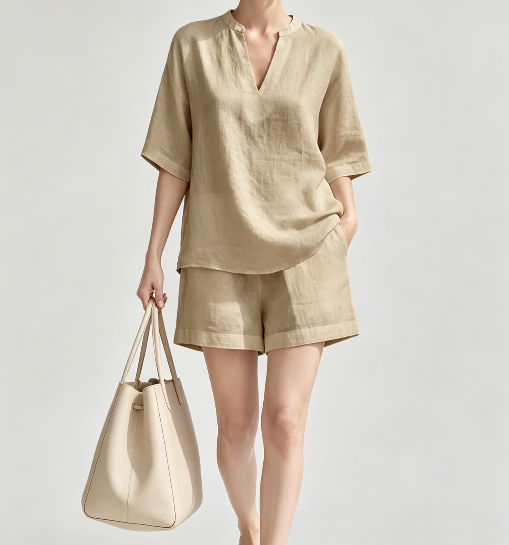 Solid V-Neck Linen-Blend Top and Shorts Two-Piece Set