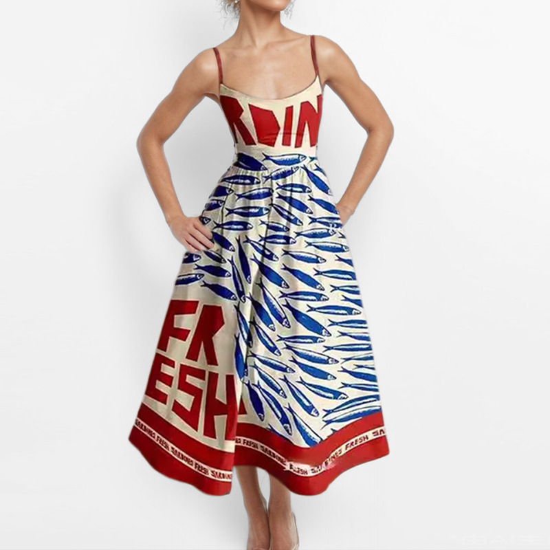 Women's Printed Sleeveless Ruched Waist Long Dress