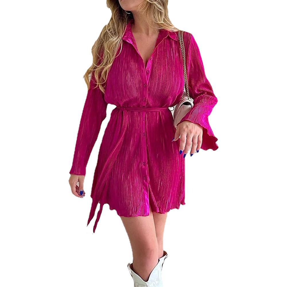 Women's Long Sleeve Tie-Front Collared Dress