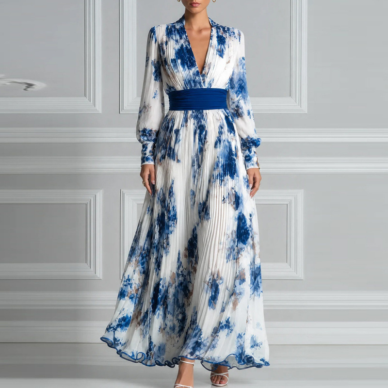 Women's Long Sleeve Floral Print V-Neck Midi Dress