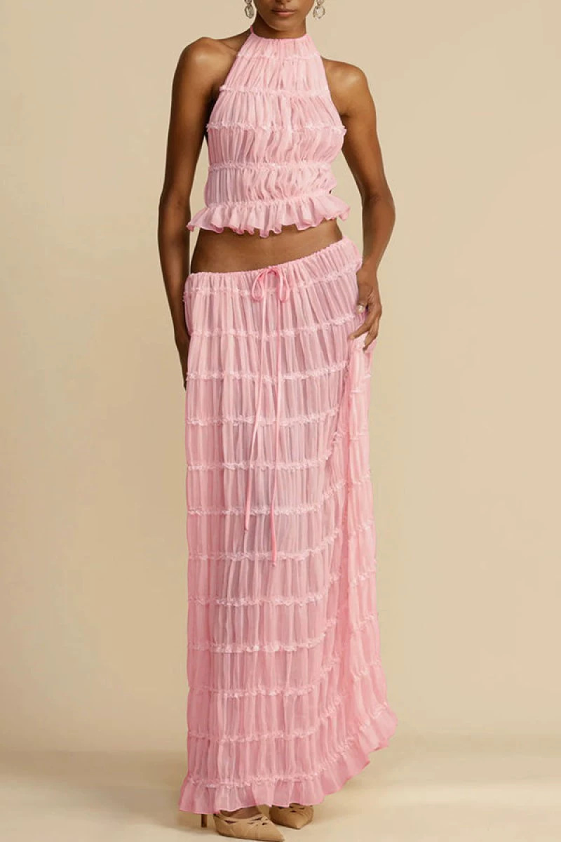 Sleeveless Halter Open-Back Maxi Dress Set