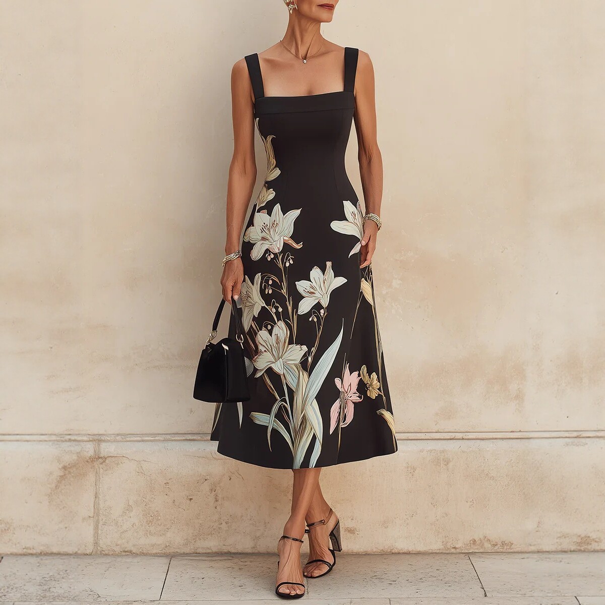 Retro Black Lily Print Square Neck Cami Dress Cinched Waist Midi Umbrella Skirt