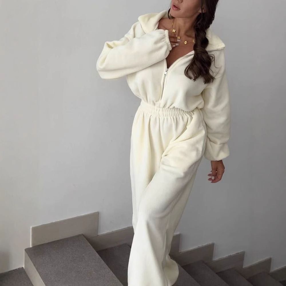 Women's Long Sleeve Jumpsuit with Half Placket and Elastic Waist