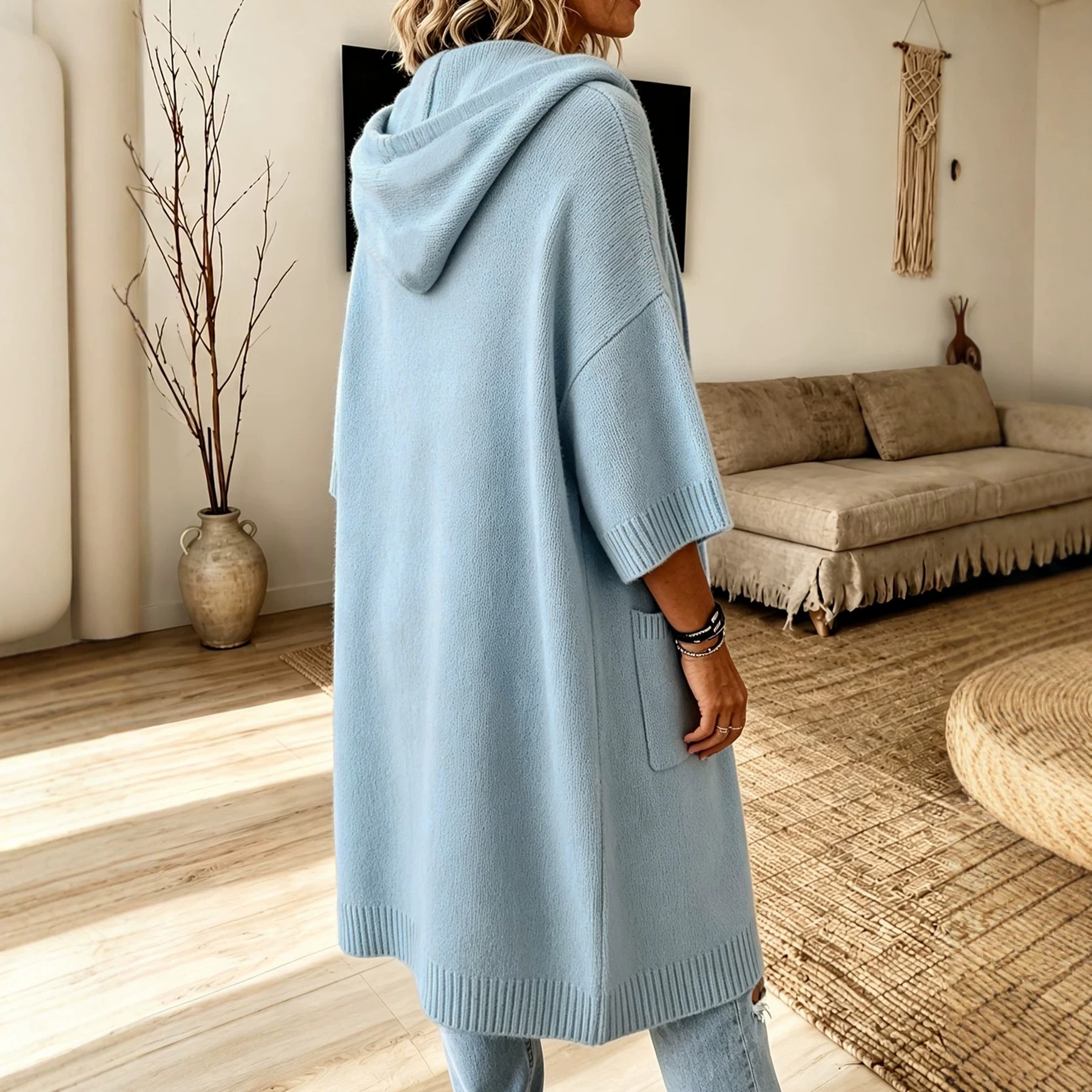 Women's Solid Hooded Drawstring Knit Cardigan Long Sleeve Soft Warm