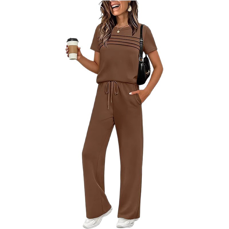 Women's Short Sleeve T-Shirt & Wide Leg Pants Set Casual Solid Color