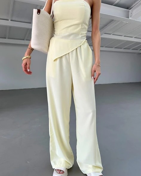 Women's Solid Sleeveless Tube Top and Pants Set Casual Two-Piece