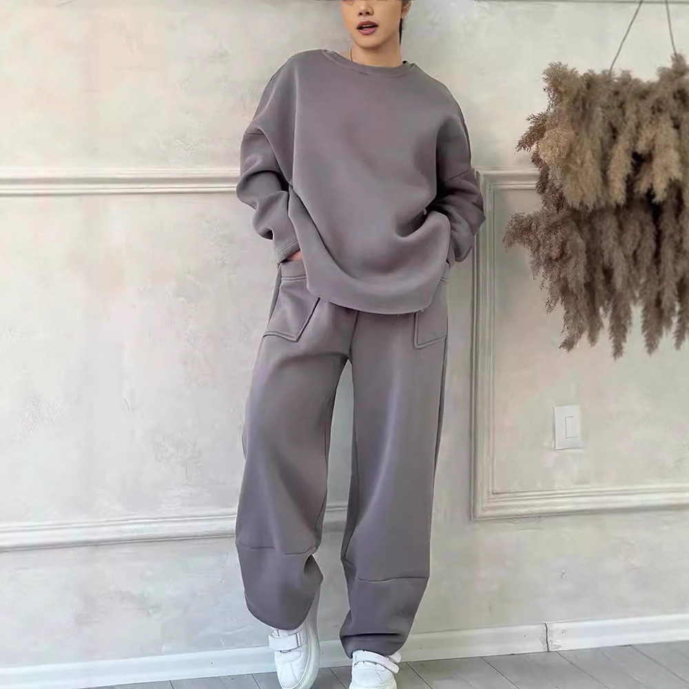Solid Color Crewneck Long Sleeve Pocket Wide Leg Pants Loose Hoodie Two Piece Set