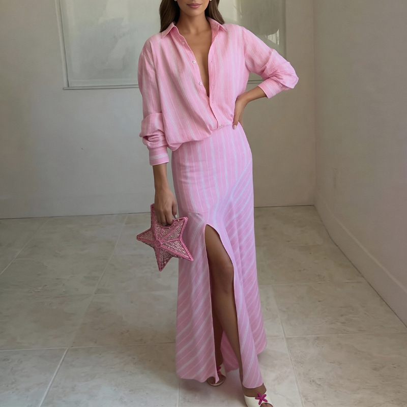 Women's Striped Long-Sleeve Shirt and Skirt Set