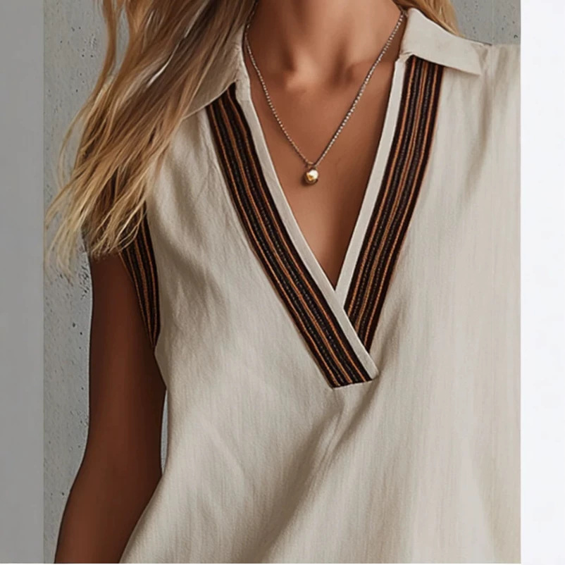 Women's Sleeveless Cotton-Linen Shirt and Shorts Set Colorblock Casual