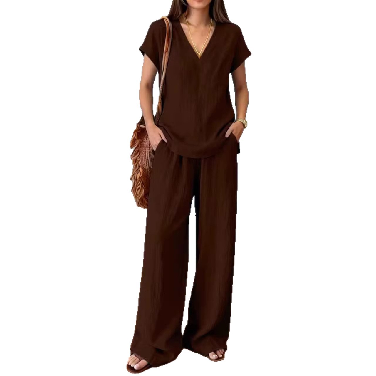 Women's Solid Color Summer Two-Piece Pants Set with T-Shirt