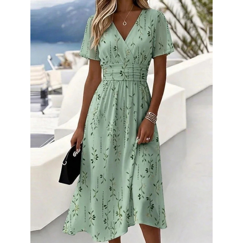 3D Vintage Floral Short Sleeve V-Neck Midi Dress with Flared Skirt