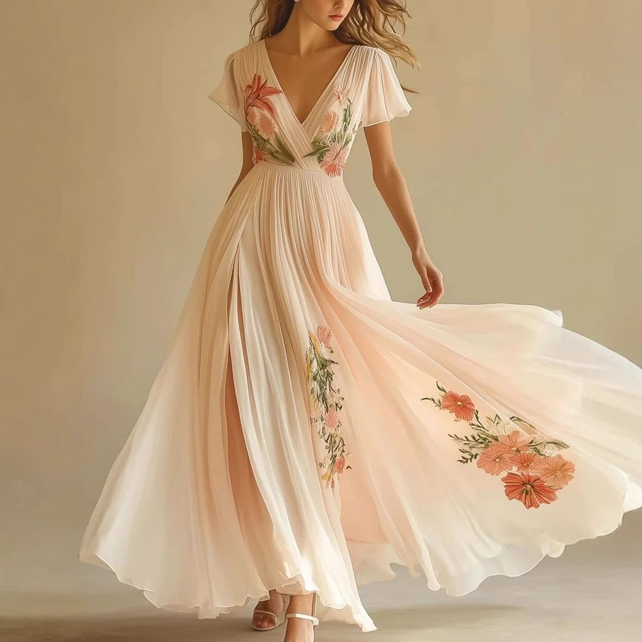 V-Neck Short Sleeve Digital Print A-Line Maxi Dress