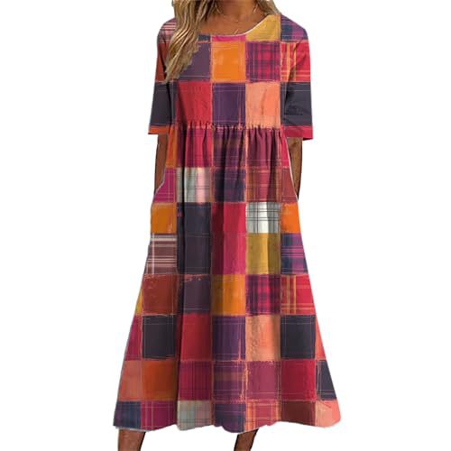 Women's Plaid Color-Block Floral Midi Dress with Pleated Details