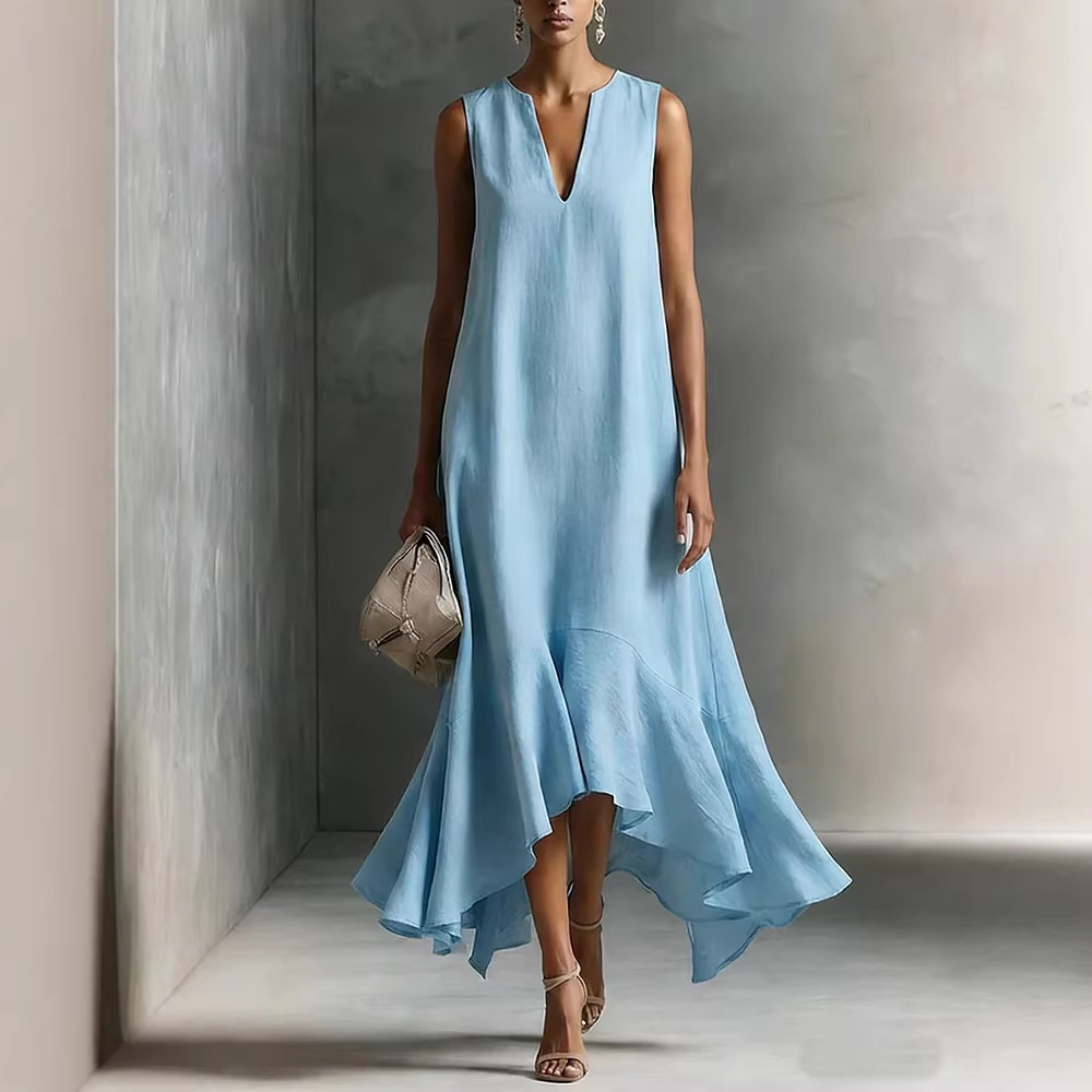 Deep V-Neck Sleeveless Asymmetrical Hem Dress