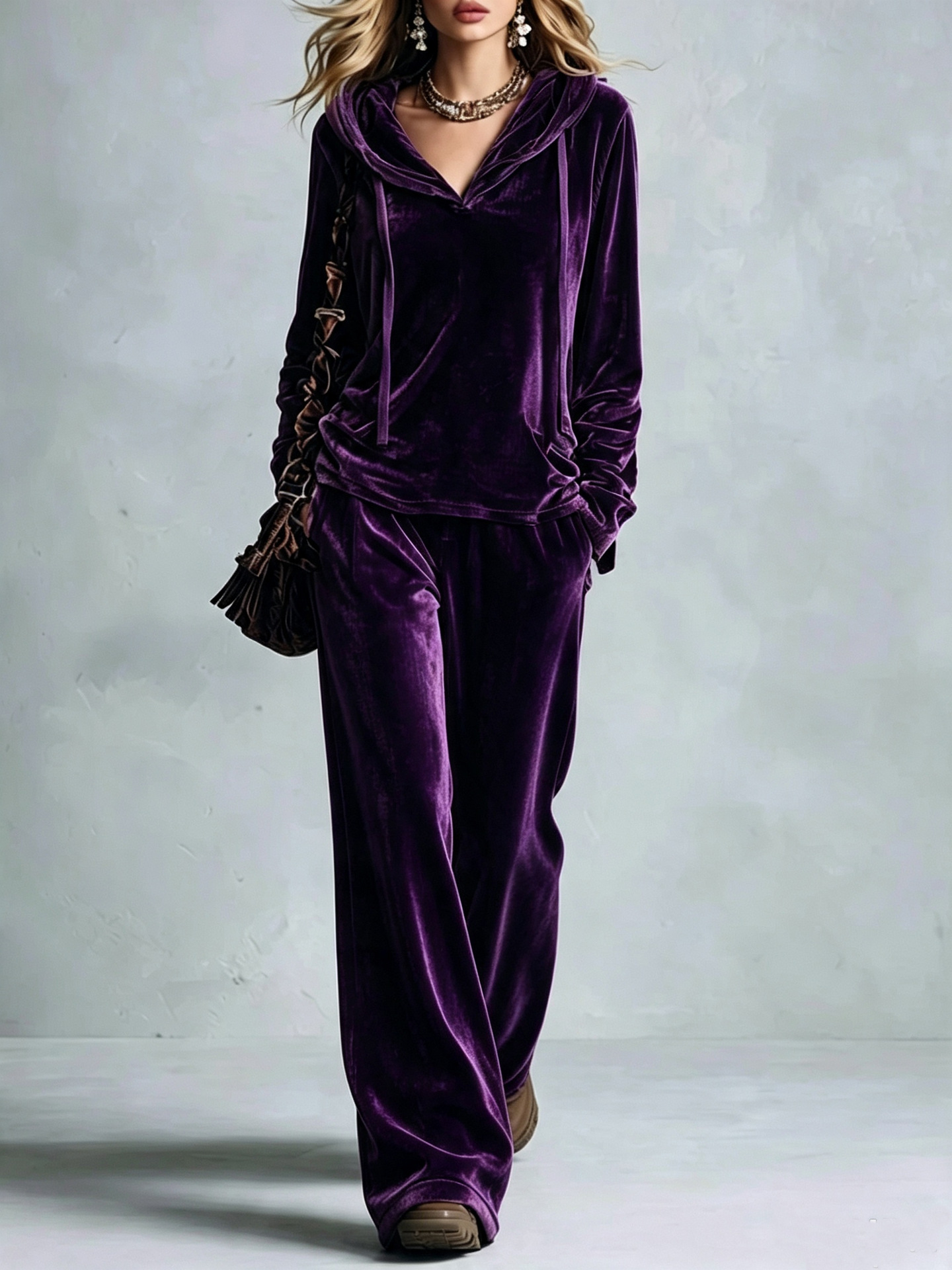 Women's Solid Korean Velvet Hoodie & Wide-Leg Pants Set