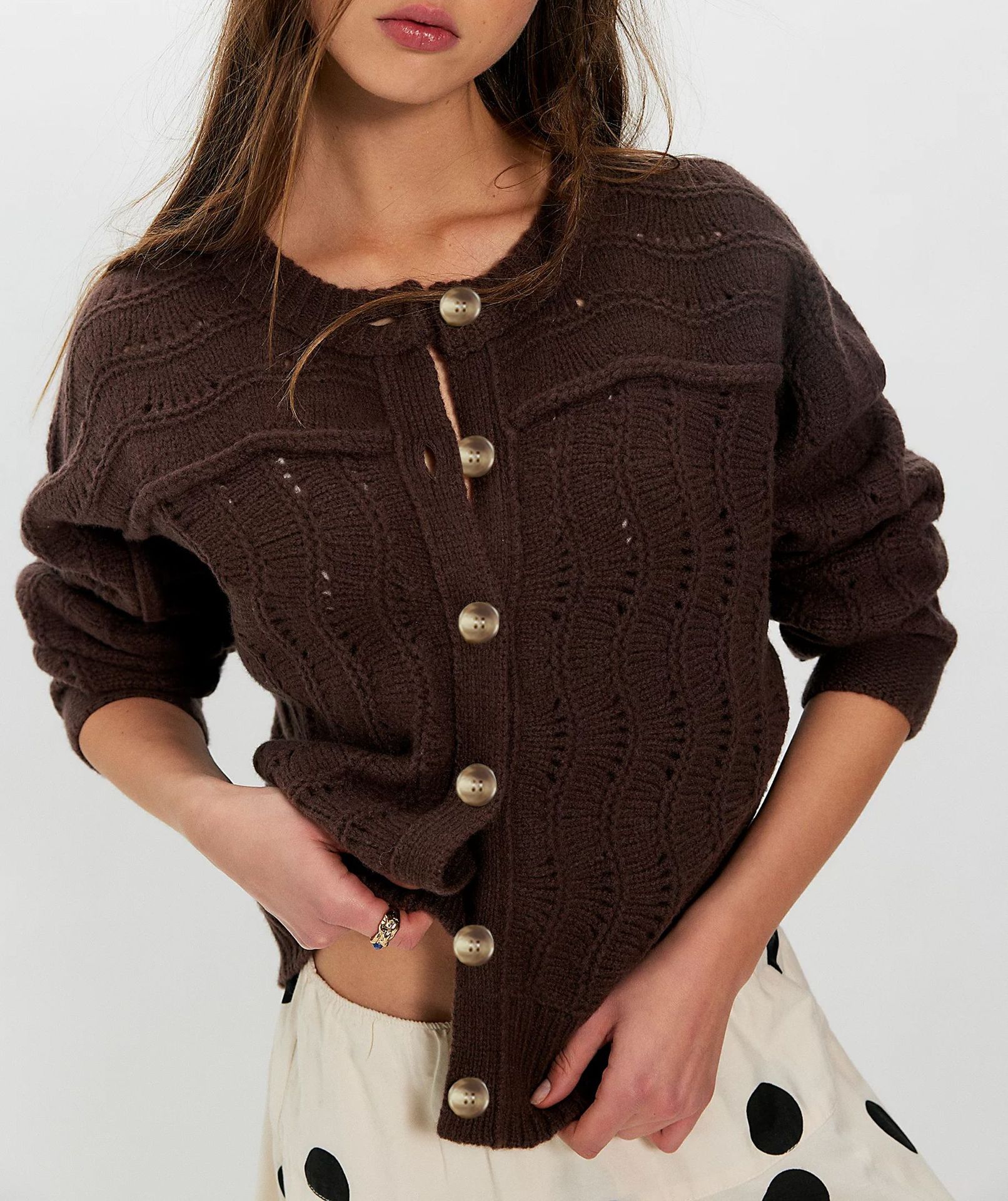 Women's Casual Knit Cardigan Sweater, Loose Fit Crew Neck Long Sleeve