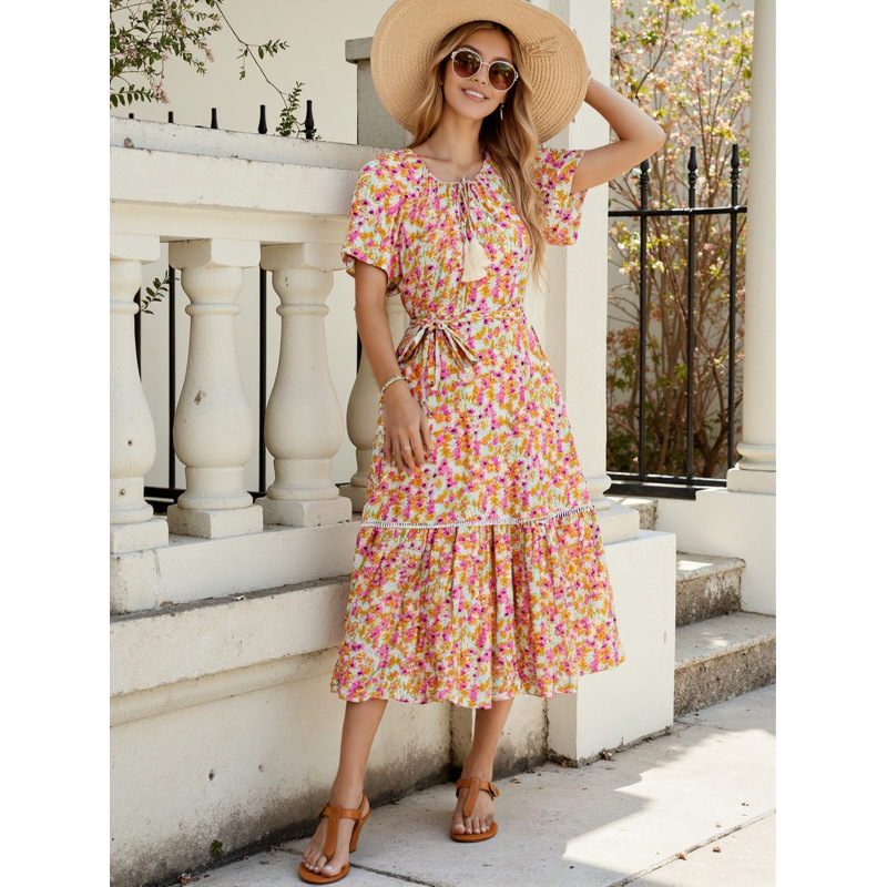 Floral Print Cutout Lace Ruffle Short Sleeve Dress