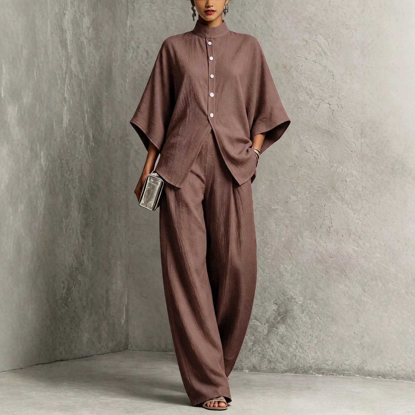 Women's Stand Collar Batwing Sleeve High Waist Wide Leg Two-Piece Set