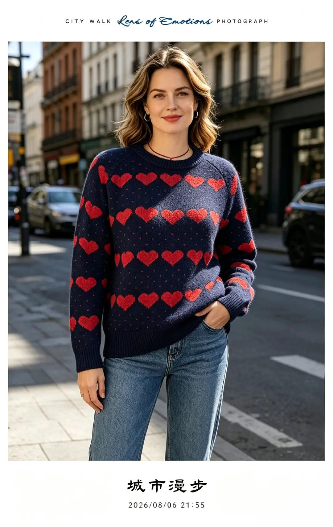 Heart Jacquard Knit Cardigan Wool-Blend V-Neck Loose Casual Sweater