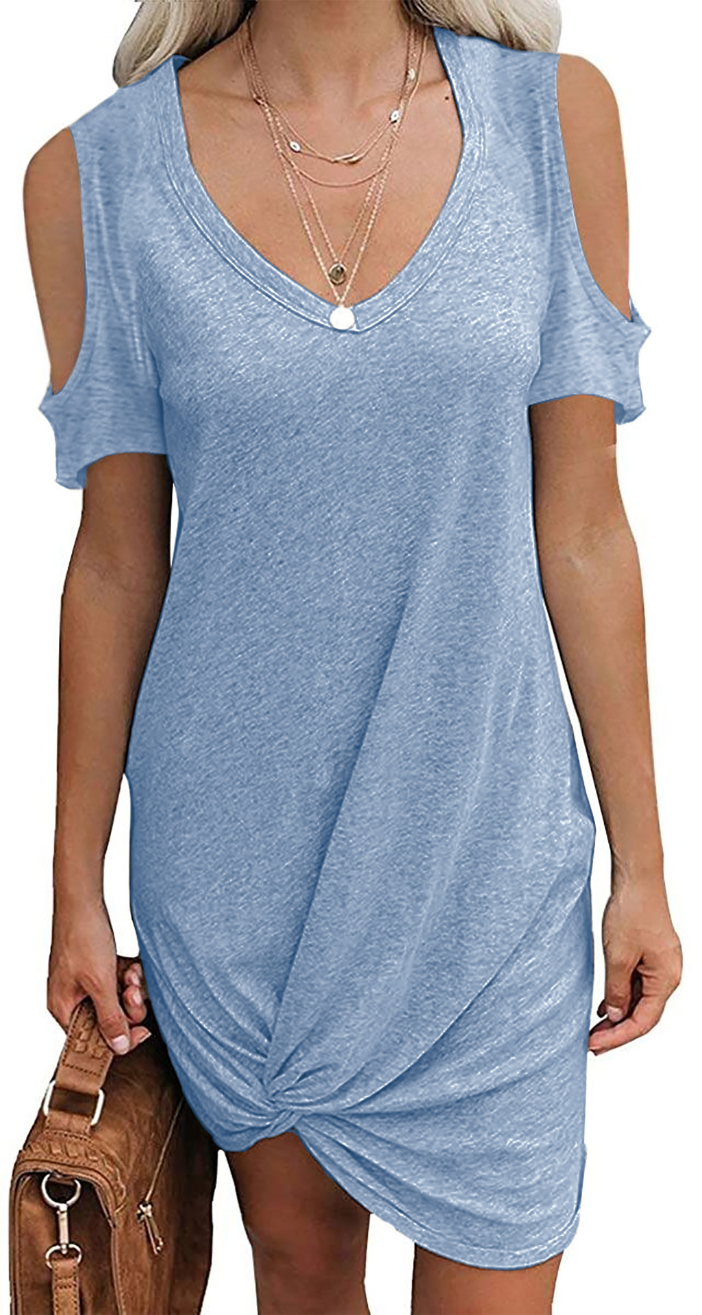 Women's Off-Shoulder Twist Knot Short Sleeve T-Shirt Dress Solid Color