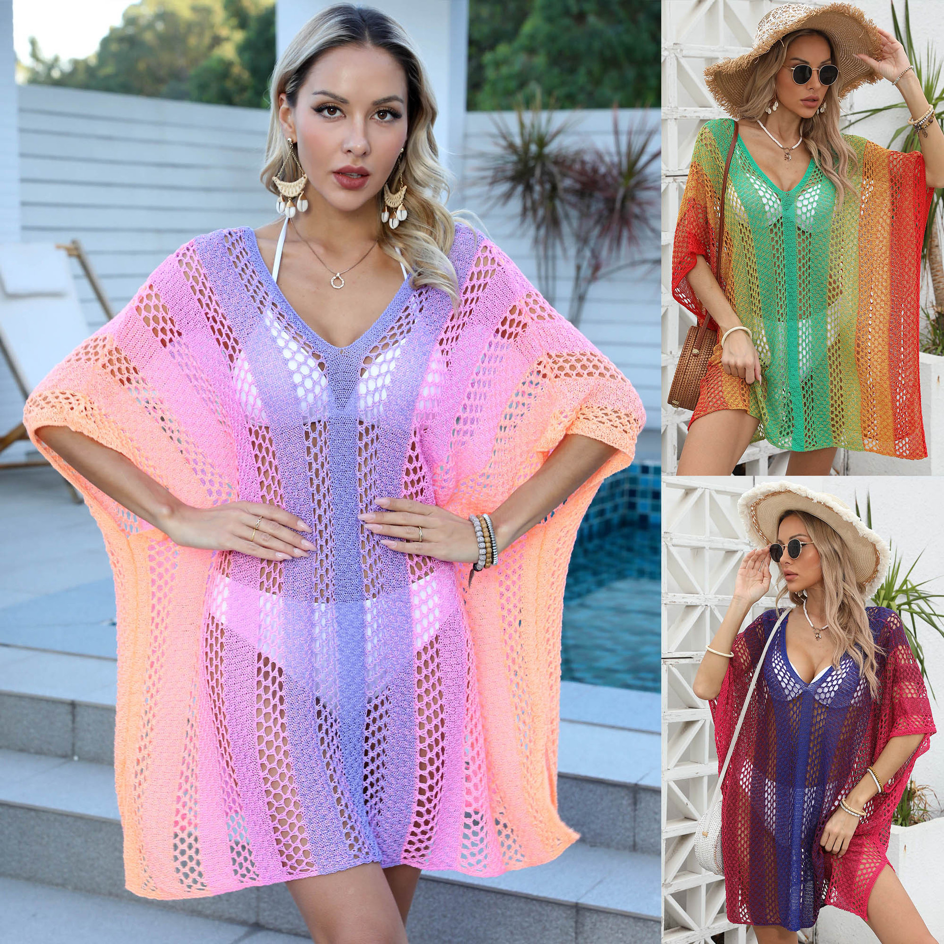 Gradient Hollow-Out Knit Beach Cover-Up Dress
