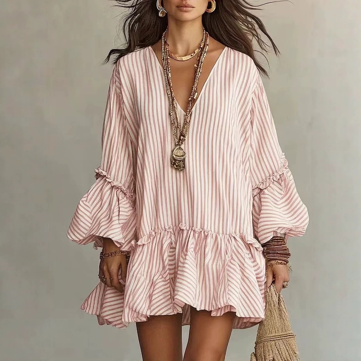 Women's Striped Print V-Neck Lantern Sleeve Loose A-Line Short Dress