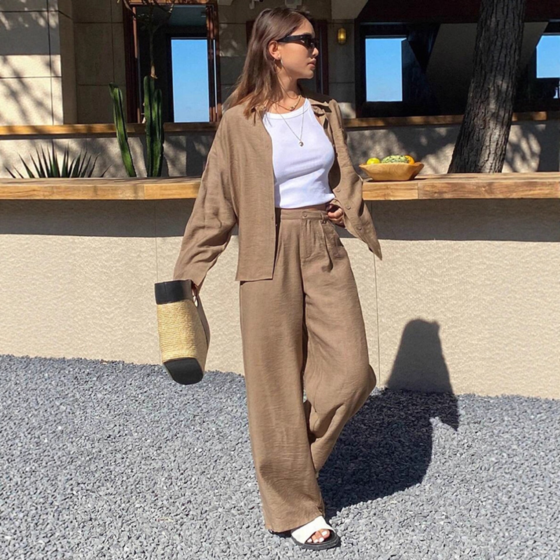Women's Button-Down Shirt and Pants Two-Piece Set, Loose Casual