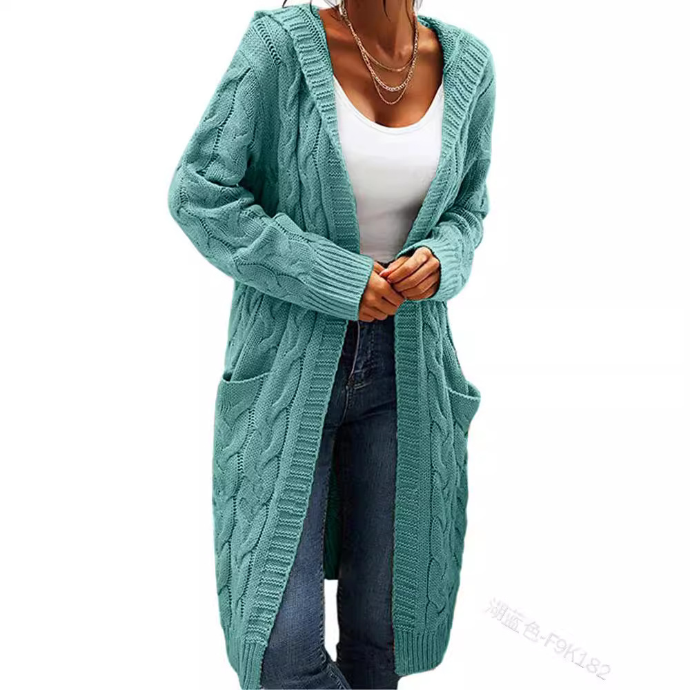 Women's Hooded Cable Knit Open-Front Cardigan Sweater, Mid-Length
