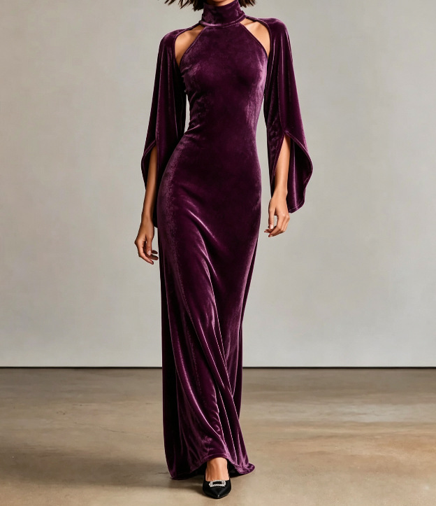 Women's Velvet Bell Sleeve Cutout High Neck Long Evening Dress