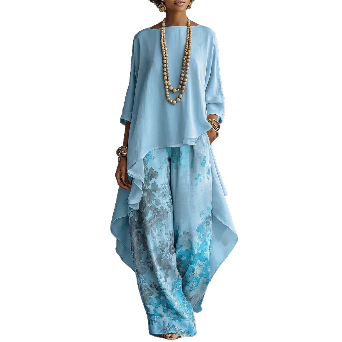 Printed Asymmetric Two-Piece Set with Crew Neck Top and Loose Pants