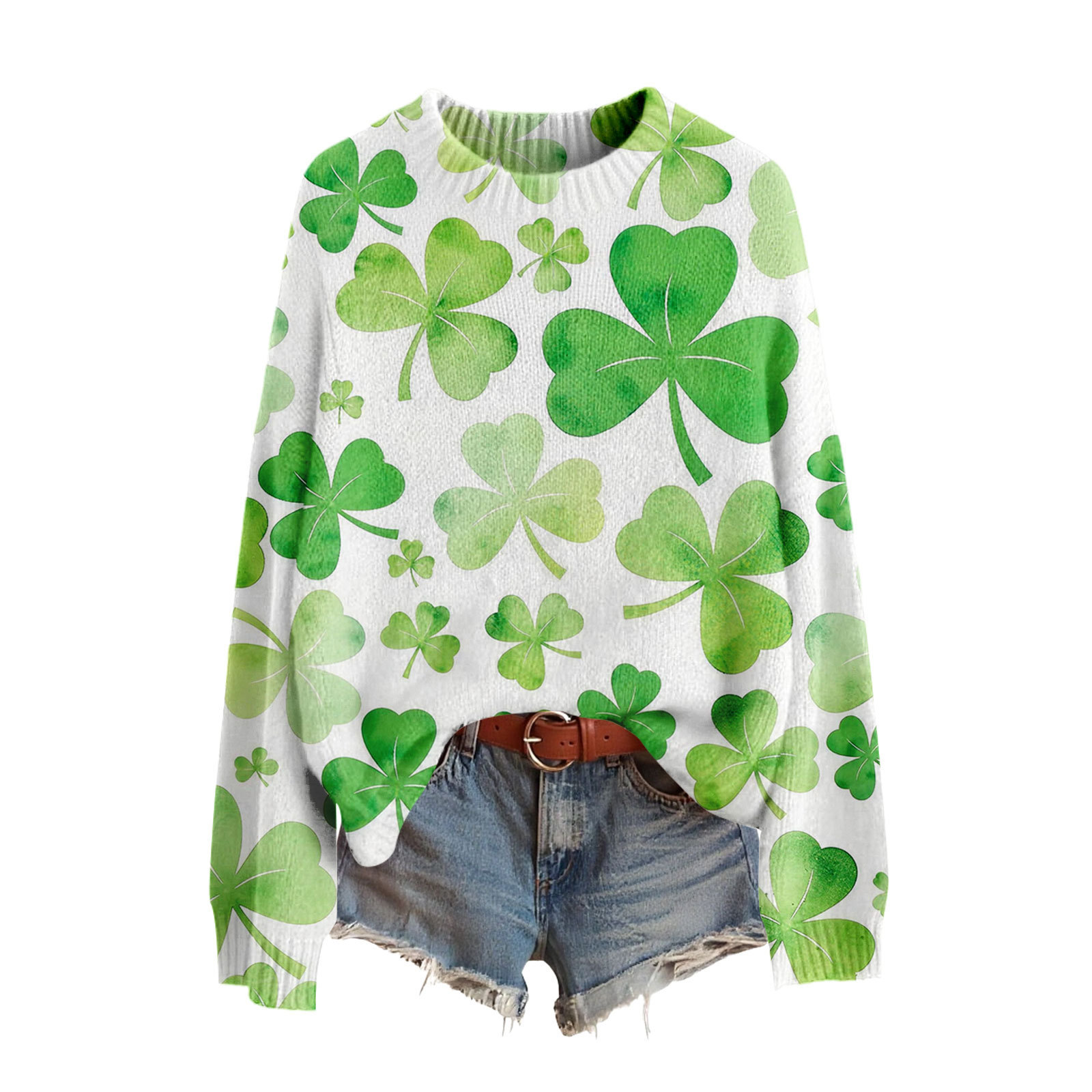 Lucky Clover Print Crewneck Sweatshirt for Women Casual Pullover