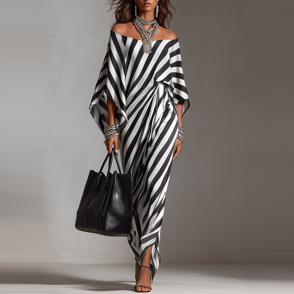 Women's Loose Striped One-Shoulder Long Dress