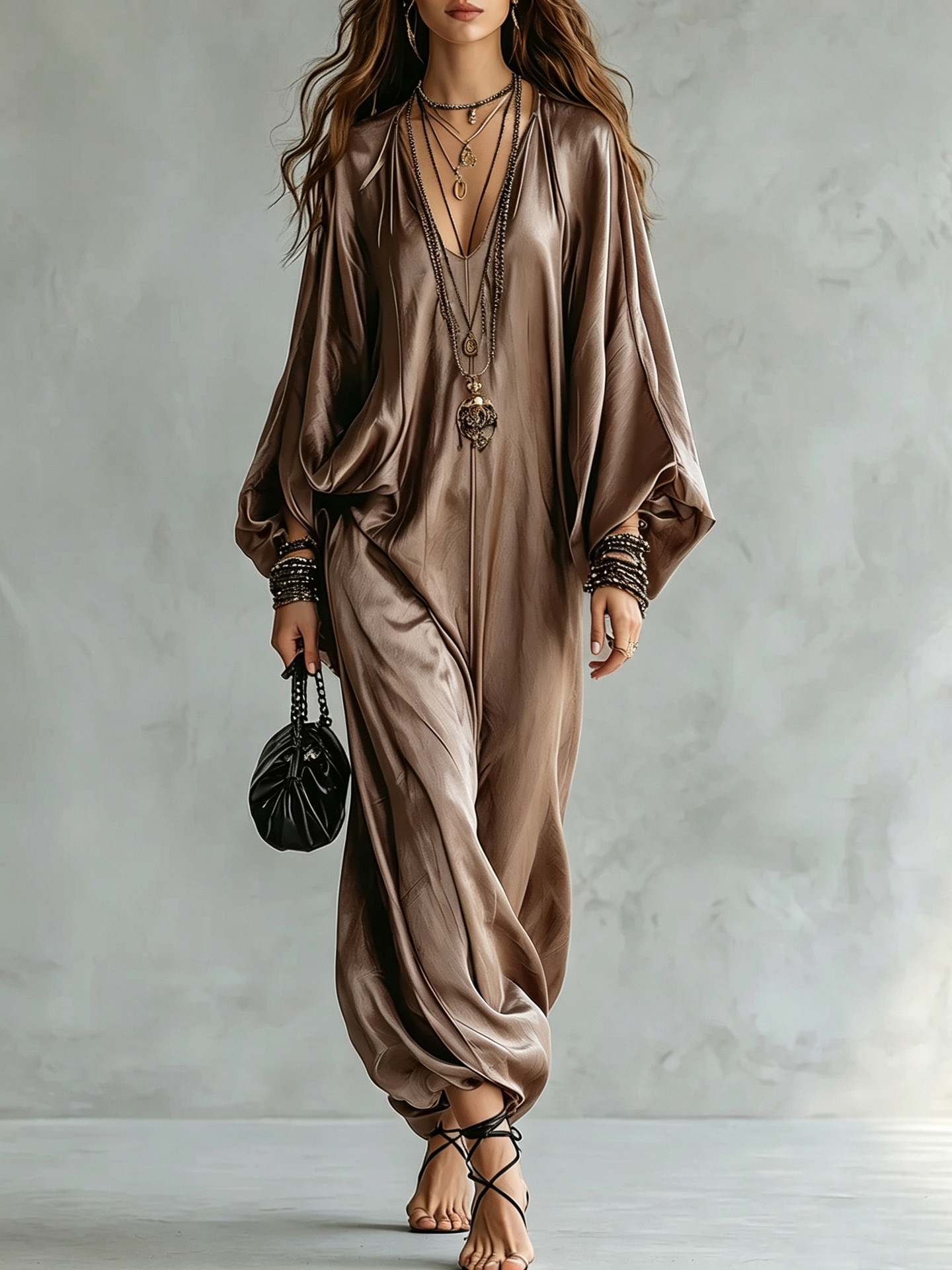 Women's Satin Jumpsuit Loose Wide-Leg Long Sleeve V-Neck