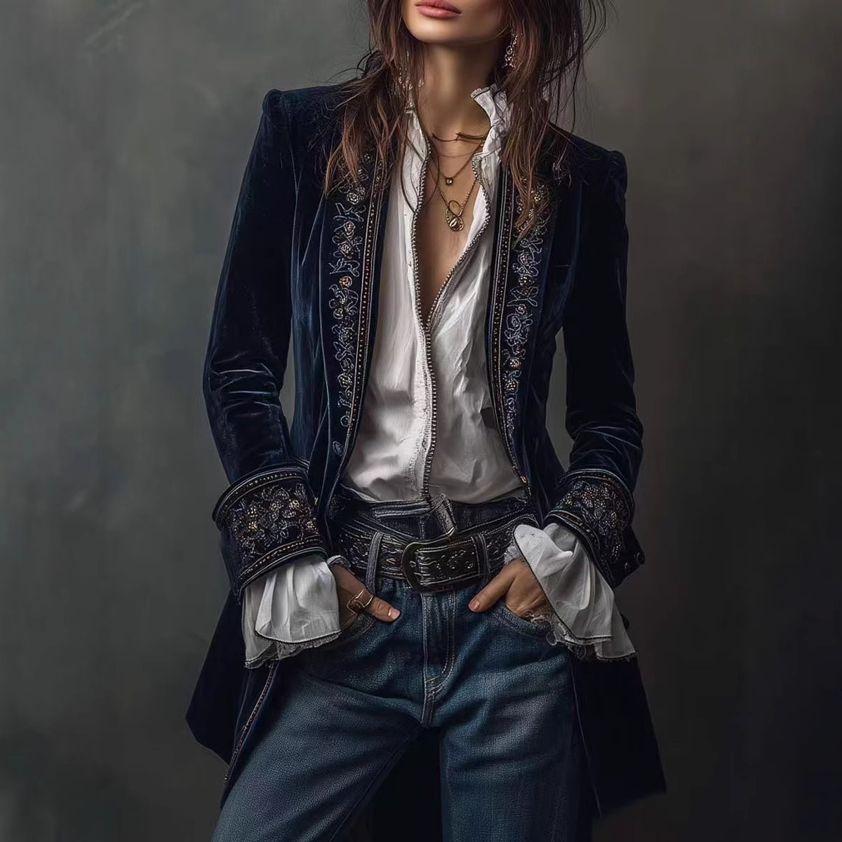 Women's Long Sleeve Solid Color Lace Trim Velvet Jacket