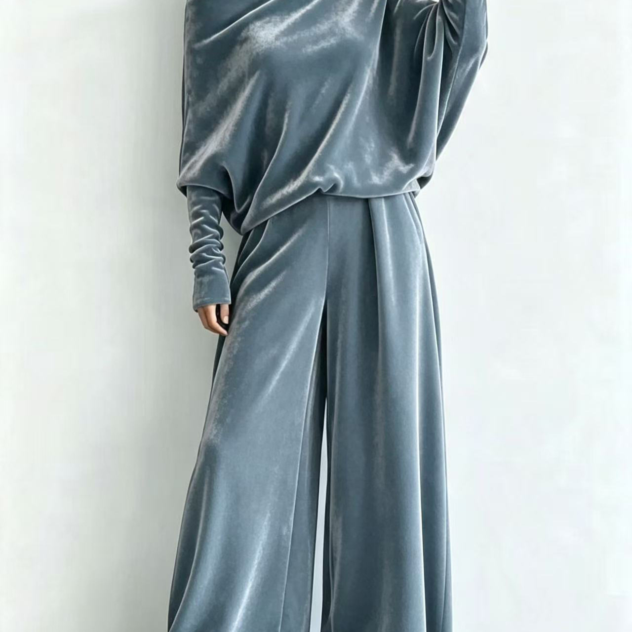 Velvet One-Shoulder Batwing Sleeve Top & High-Waist Wide-Leg Pants Set