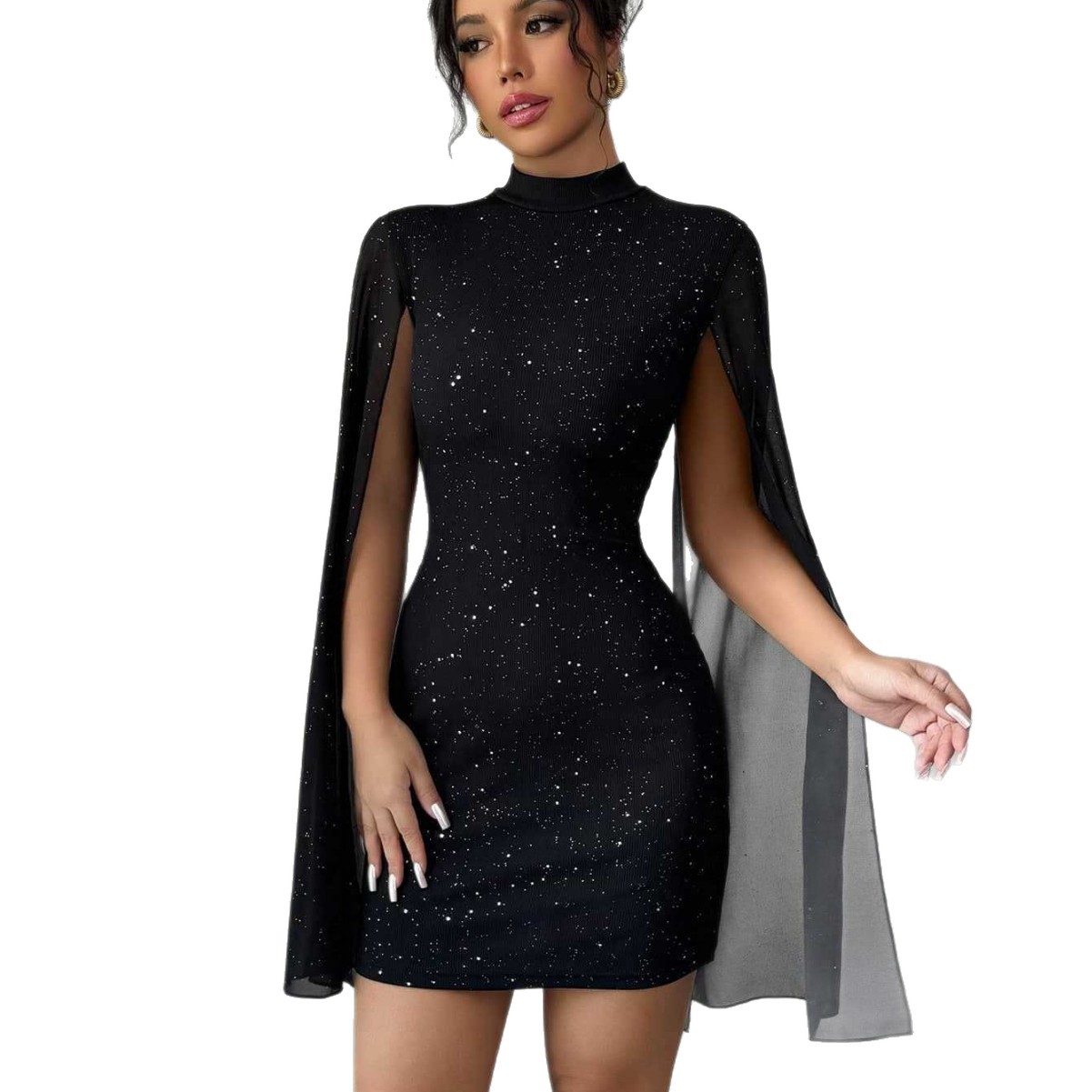 Shiny Print High Neck Lantern Sleeve Bodycon Party Dress