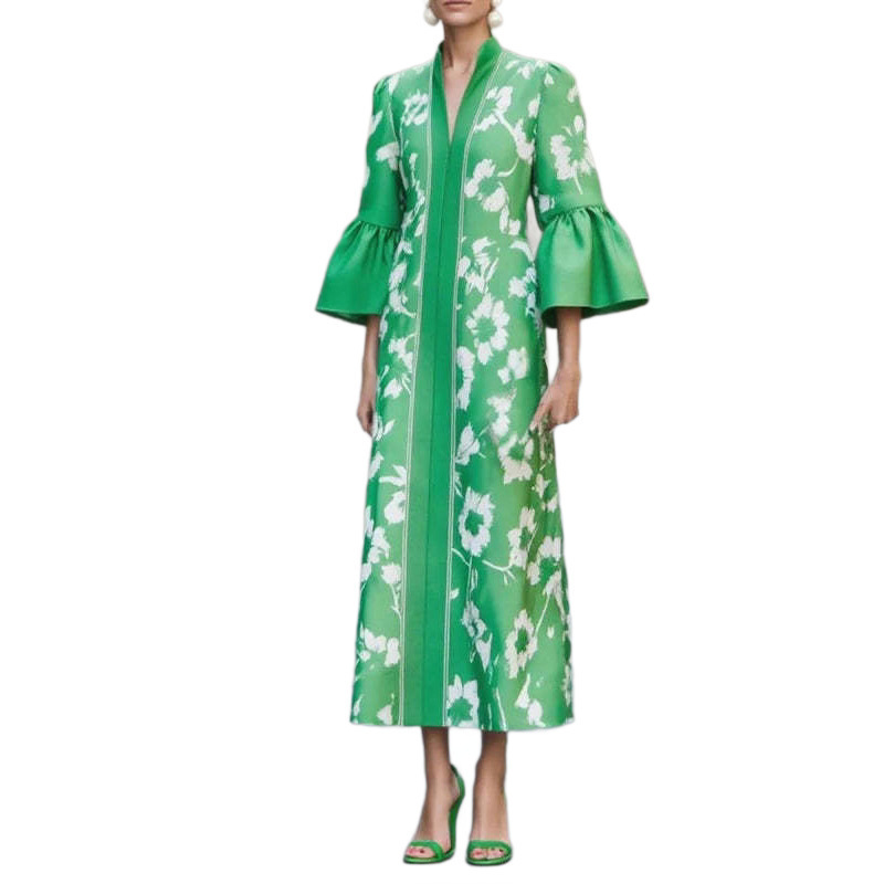 French Puff Sleeve Floral Print Deep V-Neck Green Maxi Dress