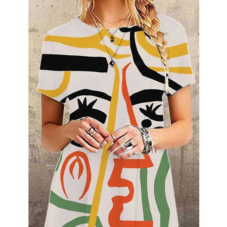 Abstract Face Print Puff Sleeve Mini Dress