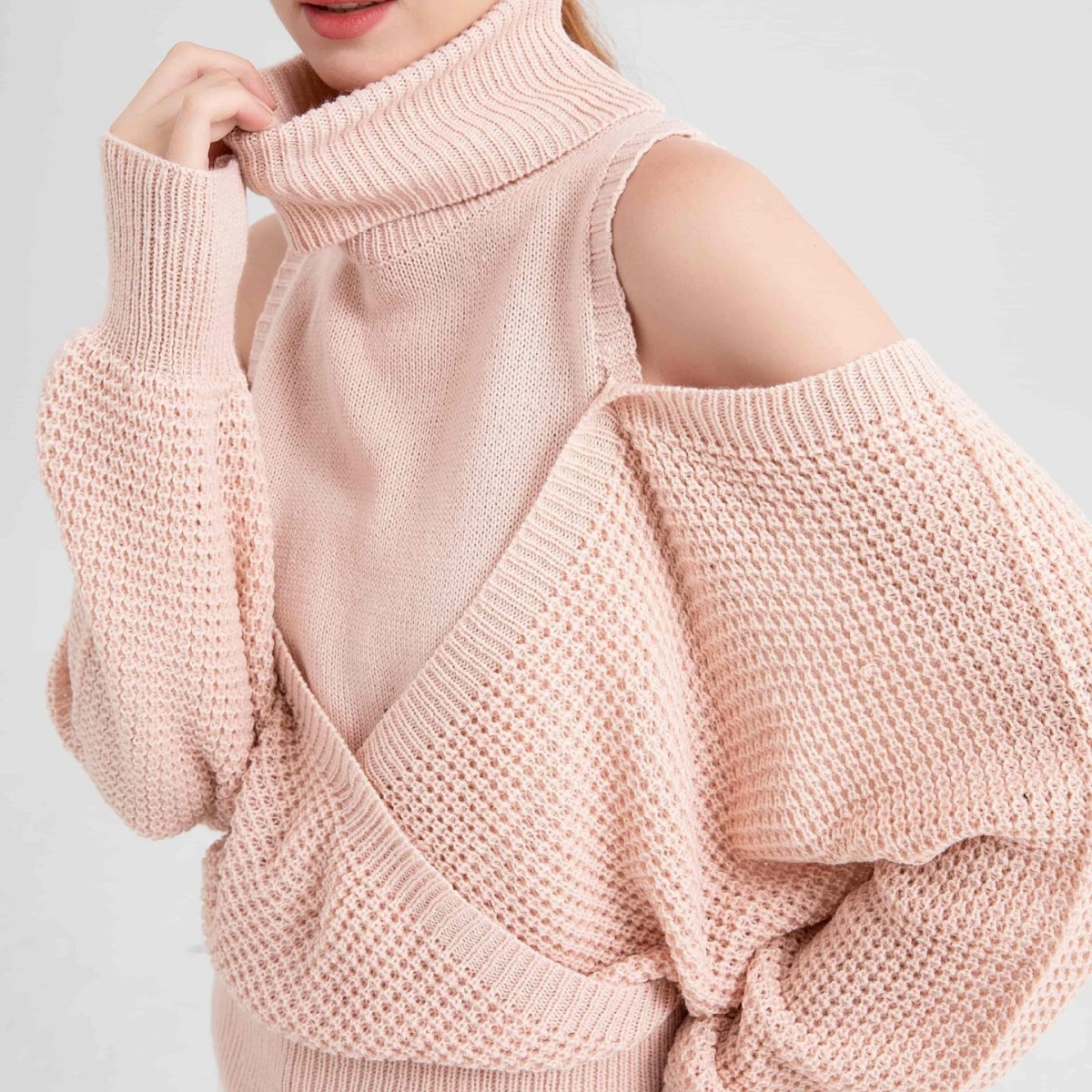 Women's Off-Shoulder Turtleneck Sweater Solid Color Double-Layer Knit Long Sleeve